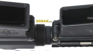 A nose to nose visual comparison of the Upper Receiver threads of a MEGA ARMS MA-TEN 308AR Upper Receiver for the .308 Winchester Cartridge and a Spikes Tactical AR15 Upper Receiver for .223 Remington Cartridge - 308 AR15 , AR15 vs AR-10 308AR AR308